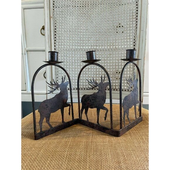 Metal 3 Taper Candle Holder Elk Zig Zag Design Candelabra, Outdoor, Rustic Decor - Picture 3 of 7